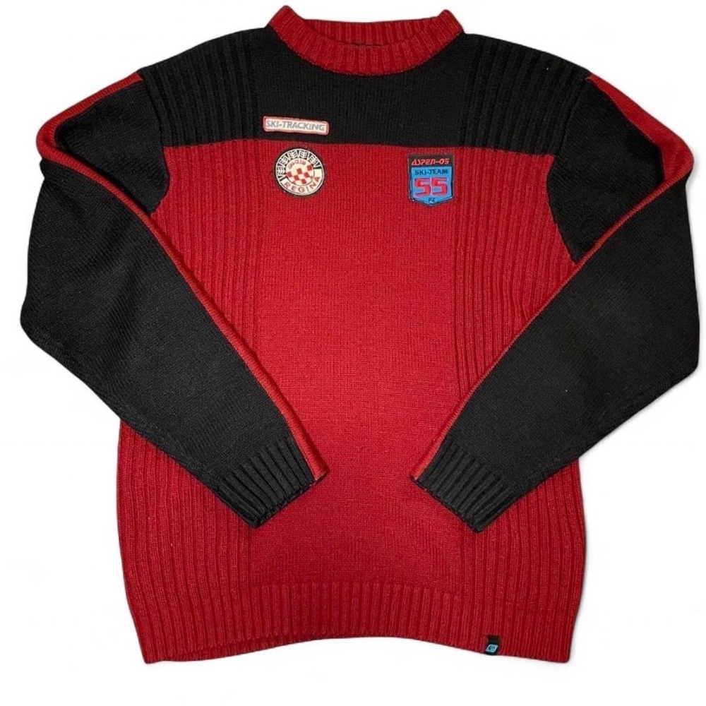 Vintage Point Zero Orange Label Ski Tracking Patchwork Knit Sweater
